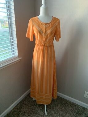 Women's Orange Striped Short-Sleeve Maxi Dress